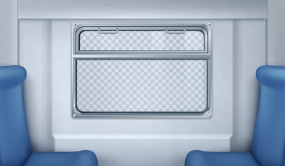 Train wagon interior with seats, window and gray wall. Vector realistic transparent glass window with metal frame and handles in metro, passenger compartment with blue chairs in railway transport
