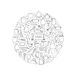 Set with kitchen elements. Vector isolated illustration with kitchen accessories. Doodle style. Ladle, pot, fork, teapot, board, glass, vase, mug, rolling pin, plate on a white background. 