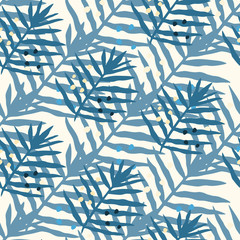 Blue tropical fern leaves pattern. Palm leaf seamless. Exotic leaves endless backfrop. Jungle foliage wallpaper