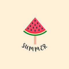 lettering summer under watermelon on stick. Watermelon vector print illustration card