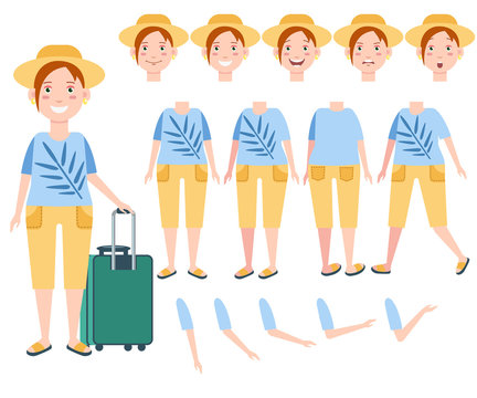 Happy female tourist in sun hat with luggage character set with different poses, emotions, gestures. Parts of body. Can be used for topics like travel, vacation, journey