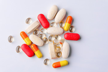 Colorful capsules and tablets. isolated on white background