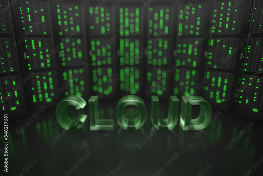 Poster cloud text on server room background. conceptual 3d rendering