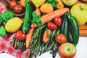 rustic composition of fruits and vegetables top view