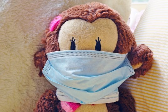 A childrens plush stuffed animal toy wearing a face mask during the COVID-19 pandemic