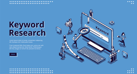 Keyword research isometric landing page. Seo keywording analysis tool. People and ai robots at huge pc monitor with long tail graph and magnifier. Optimization service 3d vector line art web banner