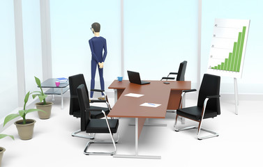 Businessman is standing in the modern office next to the  large window and looking outside. 3D illustration