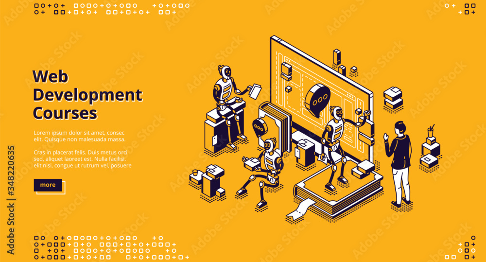 Poster web development courses isometric landing page. ai robots and human communicate front of huge comput