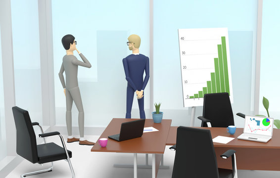 Two businessmen are standing into an office next to large window and looking outside. 3D illustration