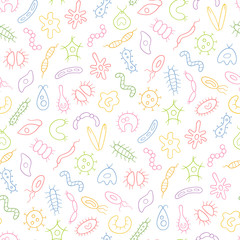 Fototapeta na wymiar Germs, virus, bacterias and pathogen icons. Abstract color seamless vector pattern on white background
