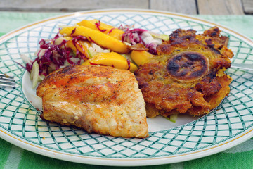 A dish of blackened fish with plantain tostones