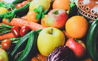 Naklejka na ściany i meble closeup of a colorful fruit and vegetable composition