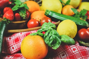 closeup of a colorful fruit and vegetable composition