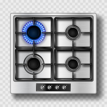 Gas stove top view with blue flame and black steel grate. Kitchen burner with lit and off hobs. Realistic 3d vector burning propane butane flame in cooking oven isolated on transparent background