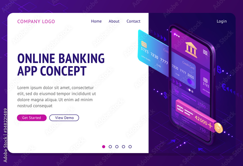 Poster online banking app isometric landing page. smart wallet concept with credit or debit card payment ap
