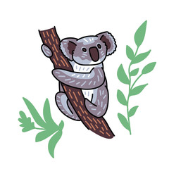 Koala vector illustration. Hand drawn cute wild animal with leaves.
