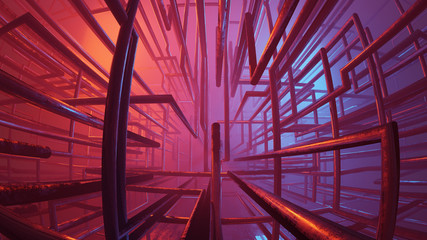 3d rendering abstract Tube and pink blue light in underground., 3d illustration.