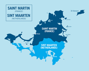 Saint Martin island, France. Sint Maarten island, Netherlands. Detailed political vector map with isolated regions, cities and islands. © Danalva