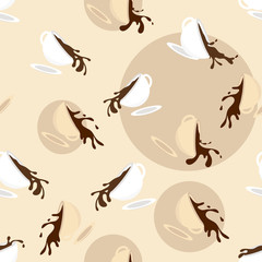 Seamless texture with falling saucers and coffee cups. Flying mugs with a spill liquid.