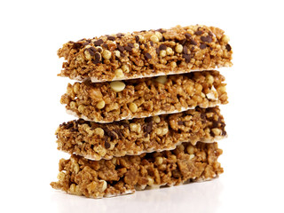 Cereal bars with chocolate flakes isolated on white