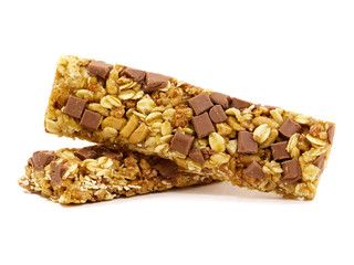 Cereal bars with chocolate flakes isolated on white
