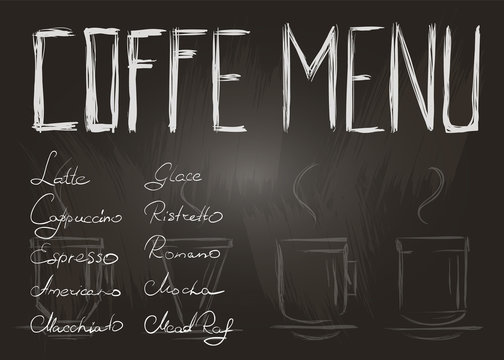 Hand-written names of coffee. Coffee menu on a chalkboard. Isolated