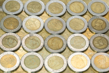 Thai baht coins. Thai coins money background. concept finance and accounting.