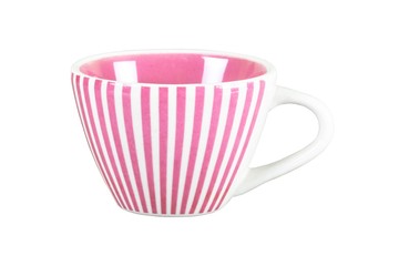 vintage porcelain mug with red stripes and handle isolated on a white background