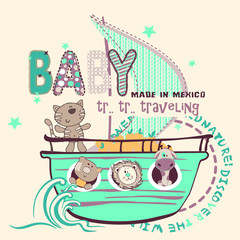 Cute baby animal adventure ship vector character illustration