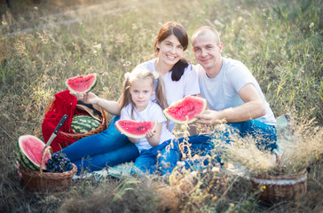 Family on a summer picnic. Watermelon and fruits.
