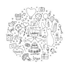 Wedding set with arrows, cake, dress, balloons, inscriptions, gifts, sweets on a white background. Doodle style. Vector isolated illustration with wedding elements for the design of a postcard. 