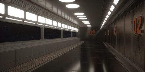 3d render. Futuristic spaceship scifi corridor architecture