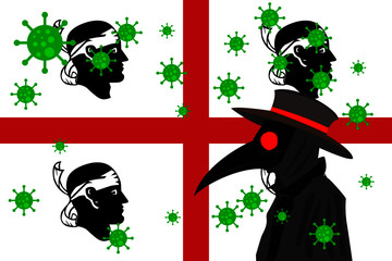 Black plague doctor surrounded by viruses with copy space with SARDINIA flag.