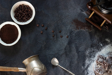 Vintage coffee grinder with coffee beans, ground coffee, vintage coffee maker, silver coffee spoon...