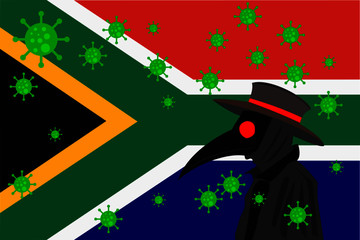 Black plague doctor surrounded by viruses with copy space with SOUTH AFRICA flag.