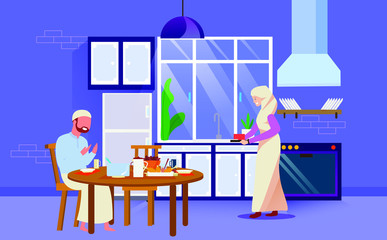 Fototapeta premium iftar in the month of Ramadan at the kitchen table dining room with the family. illustration of a modern children's book with a flat vector illustration design style