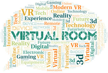 Virtual Room word cloud collage made with text only.