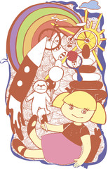childrens day.cute illustration poster of a doll,bear,rainbow,pyramid and bicycle.