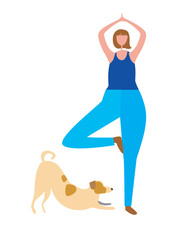 Jack Russell Terrier and a young or adult woman isolated on white background for design, flat vector stock illustration with dog or pet and owner as a yoga concept