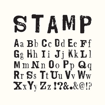 Vector latin stamp font. Vector stamp abc with grunge texture.