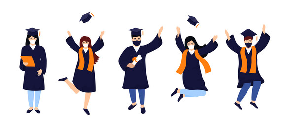 Graduates in protective medical masks celebrate 2020 graduation during coronavirus quarantine. Boys and girls having fun jump and toss up mortarboards and diplomas