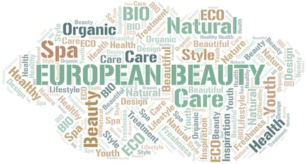 European Beauty word cloud collage made with text only.