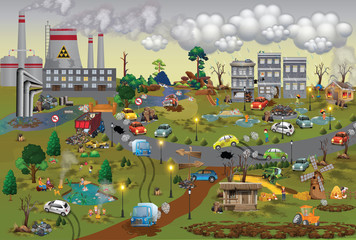 Fototapeta na wymiar Ecological game map. Polluted city. Board game with ecological 3R concept.