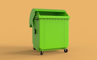 3d render of a green garbage container on a yellow background with different views