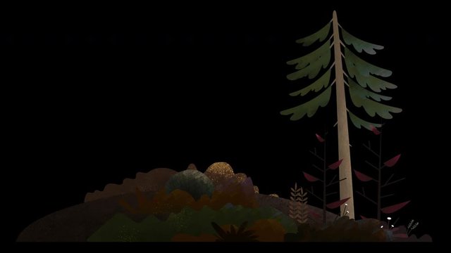 Seamless loop. Pine tree, bushes, flowers and grass on a hill swing in the wind. Autumn orange and brown. Animated vector illustration with brushes isolated on black background with alpha luma matte.