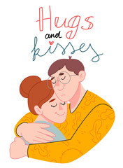 Hugs and kisses poster.Emotions, after a long separation.Be mine.Hugging Day .Design for banner, posters, cards etc. Vector illustration.Flat cartoon vector illustration.