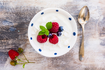 A bowl of delicious yogurt with coconut and fresh berry fruit. Weight loss and healthy diet.