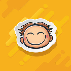 Cartoon cute hand drawn funny boy face isolated on orange background, Cartoon happy children with hair. 1 june international childrens day background with little smiling baby boy icon or label