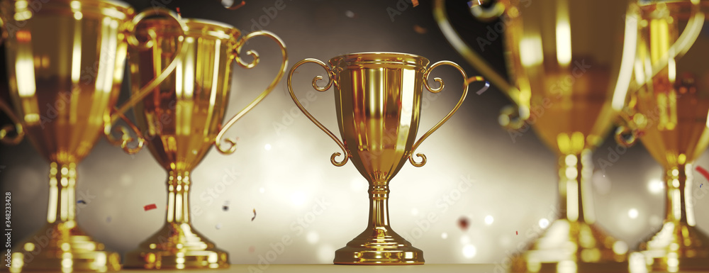 Canvas Prints golden trophy cup on gold background. copy space for text. 3d rendering.