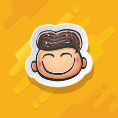 Cartoon cute hand drawn funny boy face isolated on orange background, Cartoon happy children with hair. 1 june international childrens day background with little smiling baby boy icon or label